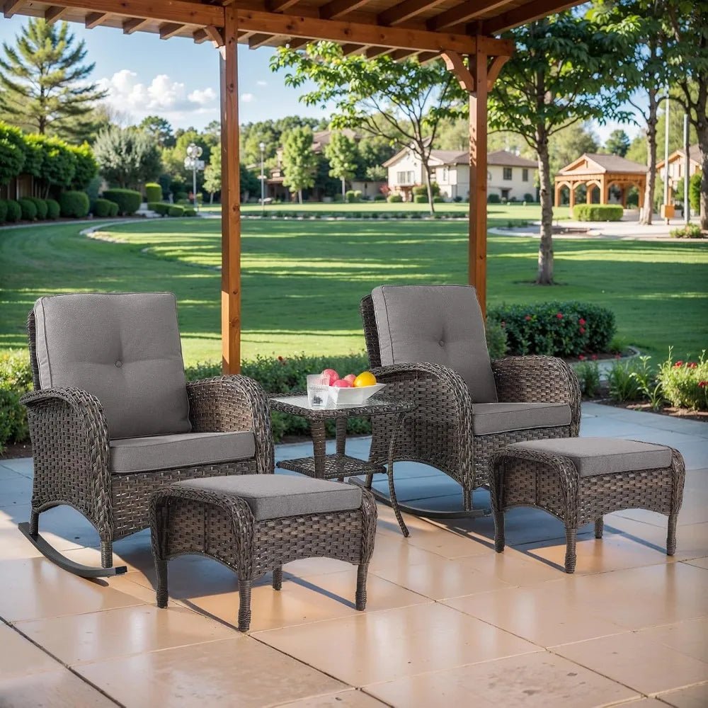 High Back Outdoor Wicker Rocking Chairs Set With Side Table For 3 Ideal For Patio Or Balcony
