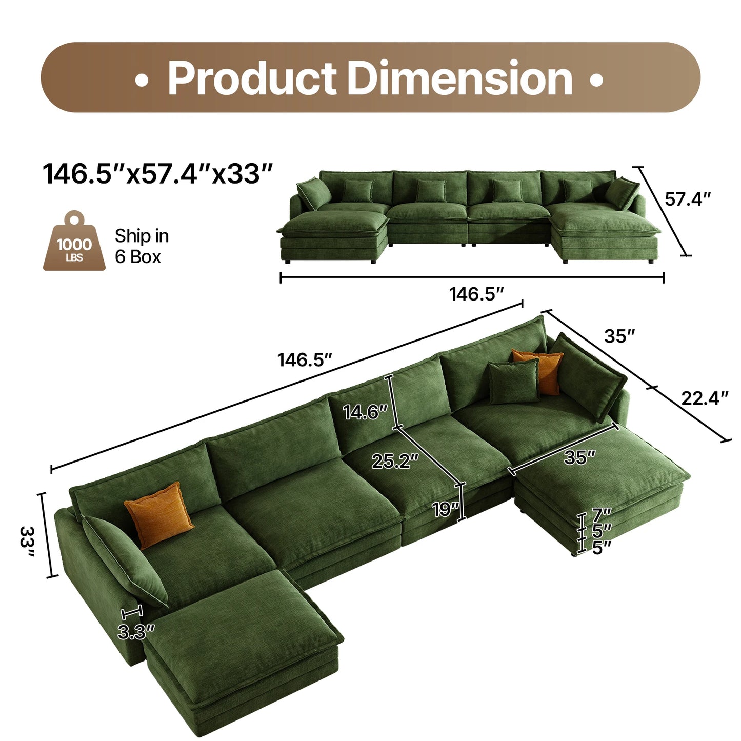 QWCCN L Shaped Modern Chenille Sofa Sectional With Ottoman