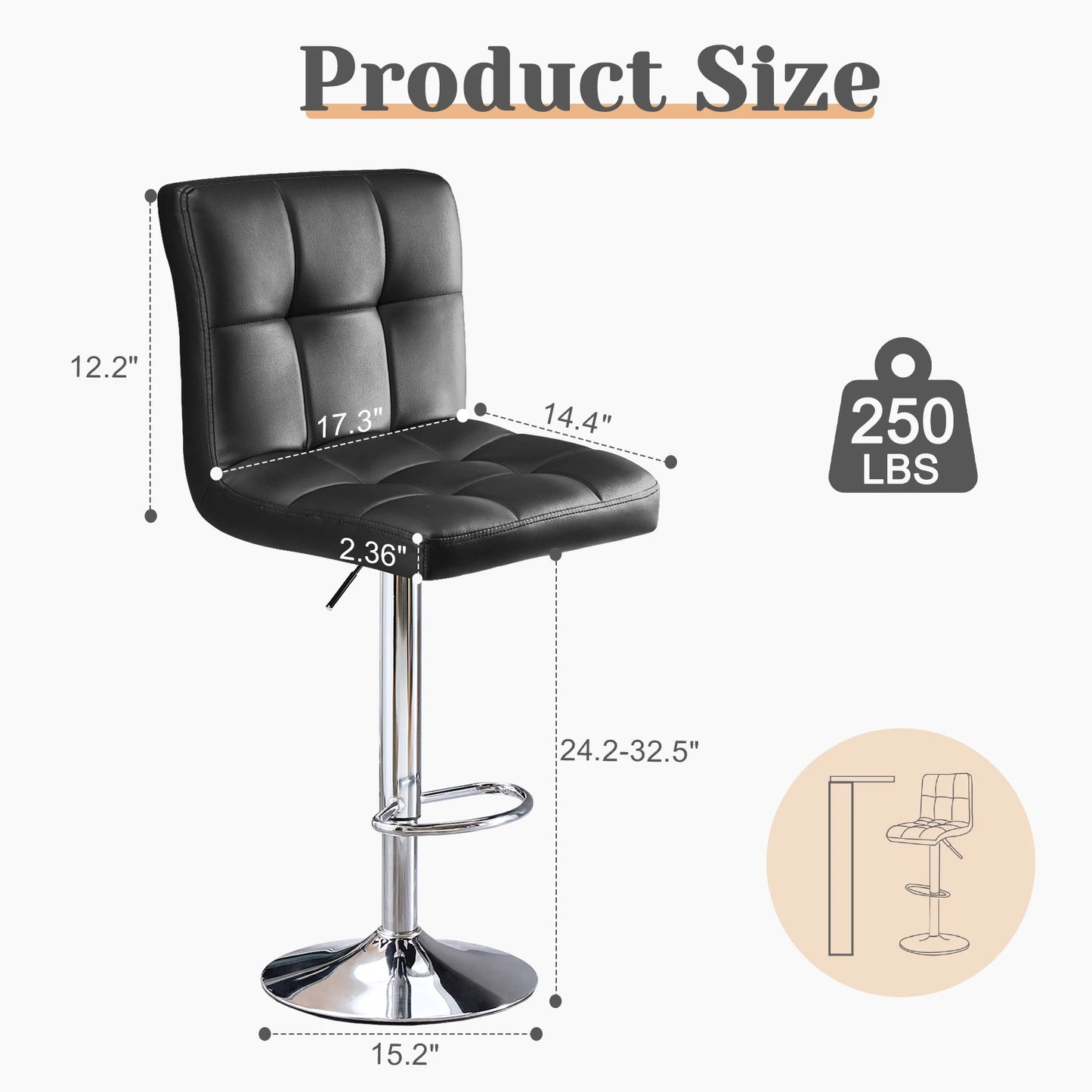 JHK PU Leather Bar Stools Set Of 2 Upholstered Counter Height Stools With Comfortable Backrest SGS Certified