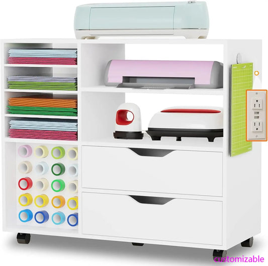 Craft Organization& Storage Cart Compatible with Cricut Machines, Rolling Craft Table Organizer with Charge Station Vinyl Roll