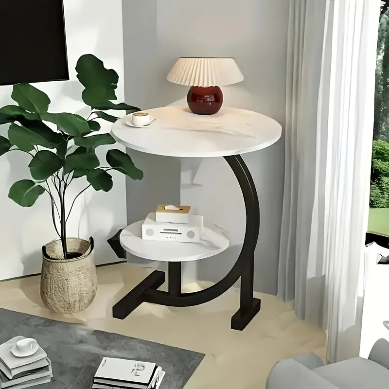 Wrought Iron And Wood Hybrid Side Table With Marble Top
