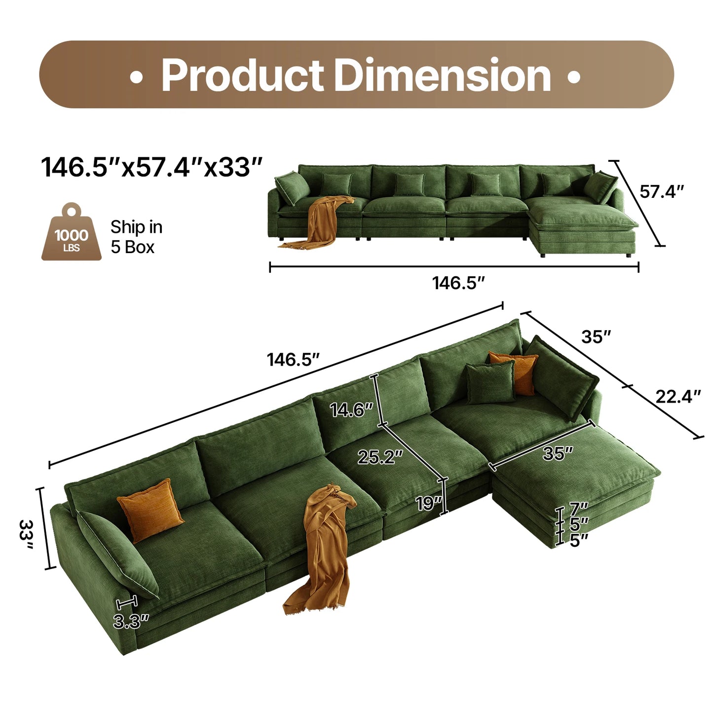 QWCCN L Shaped Modern Chenille Sofa Sectional With Ottoman