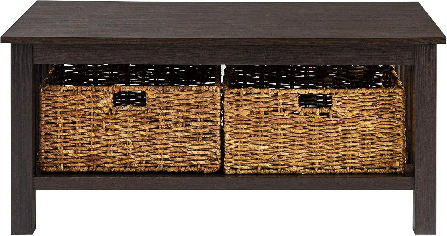 XMSJ Alayna Mission Style Two Tier Coffee Table Rattan Baskets