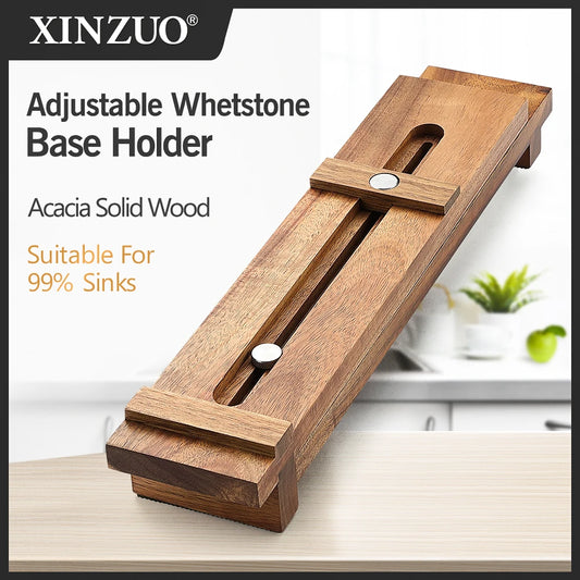 XINZUO Acacia Wood Whetstone Base Holder Adjustable Telescopic Solid Knife Sharpening Block for Kitchen Knives