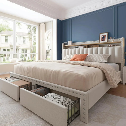 Queen Bed Frame with Headboard and Storage, Upholstered Queen Bed Frame with Storage