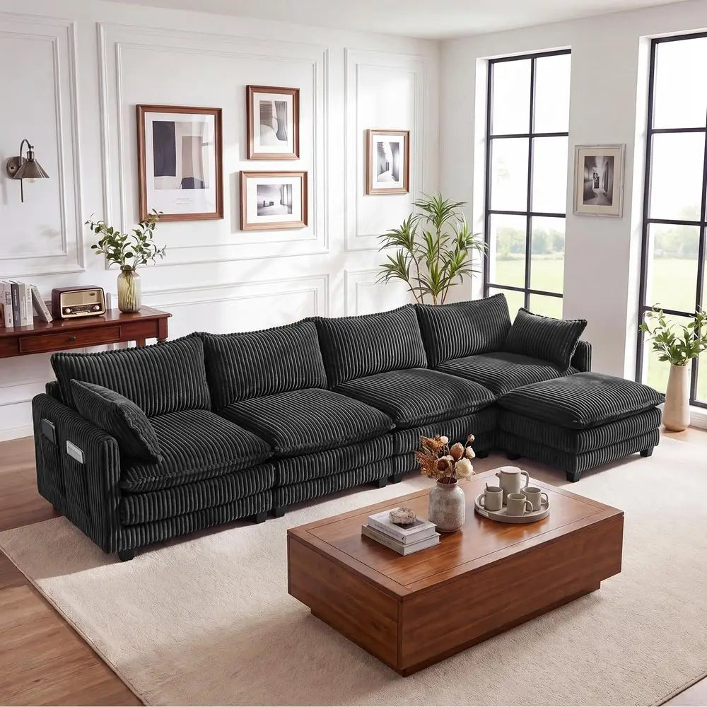 L Shaped Modular Sectional Couch Corduroy Upholstered Living Room Sofa