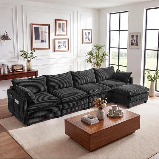 L Shaped Modular Sectional Couch Corduroy Upholstered Living Room Sofa