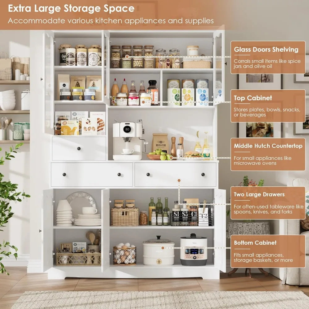 74" Pantry Cabinet with Storage, 49'' W Kitchen Pantry Storage Cabinet with Microwave Stand, Kitchen Hutch Cupboard with Drawers
