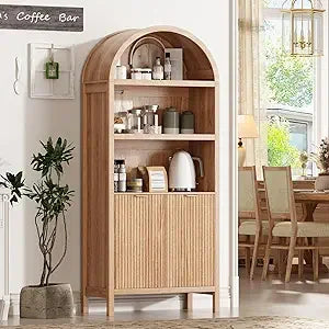 71" Tall Arched Kitchen Pantry,Modern Fluted Wood Storage Cabinet with Doors,Adjustable Shelves,Organizer, Versatile Cupboard fo