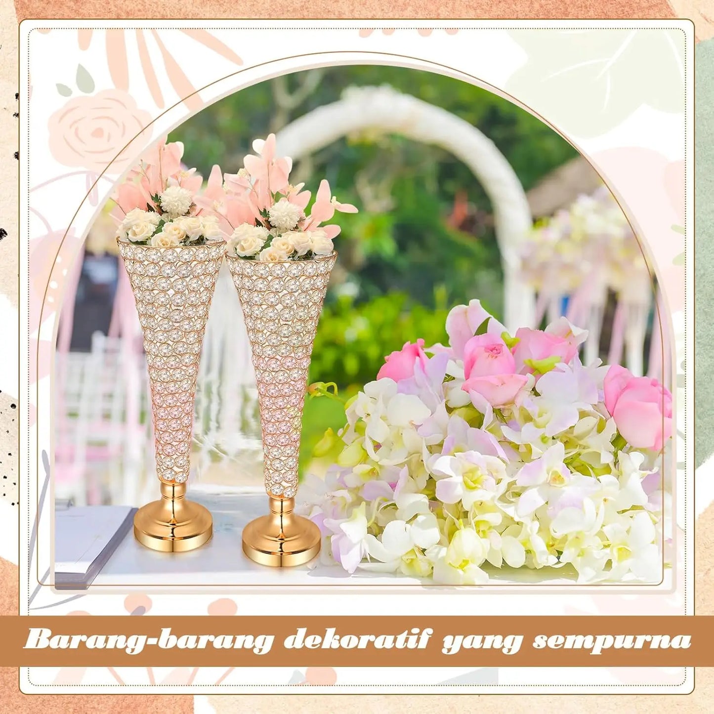 4 Pcs Crystal Trumpet Flower Vase 20 Inch Tall Wrought Iron Crystal Vase Flower Stand Centerpieces Wedding Table Decor