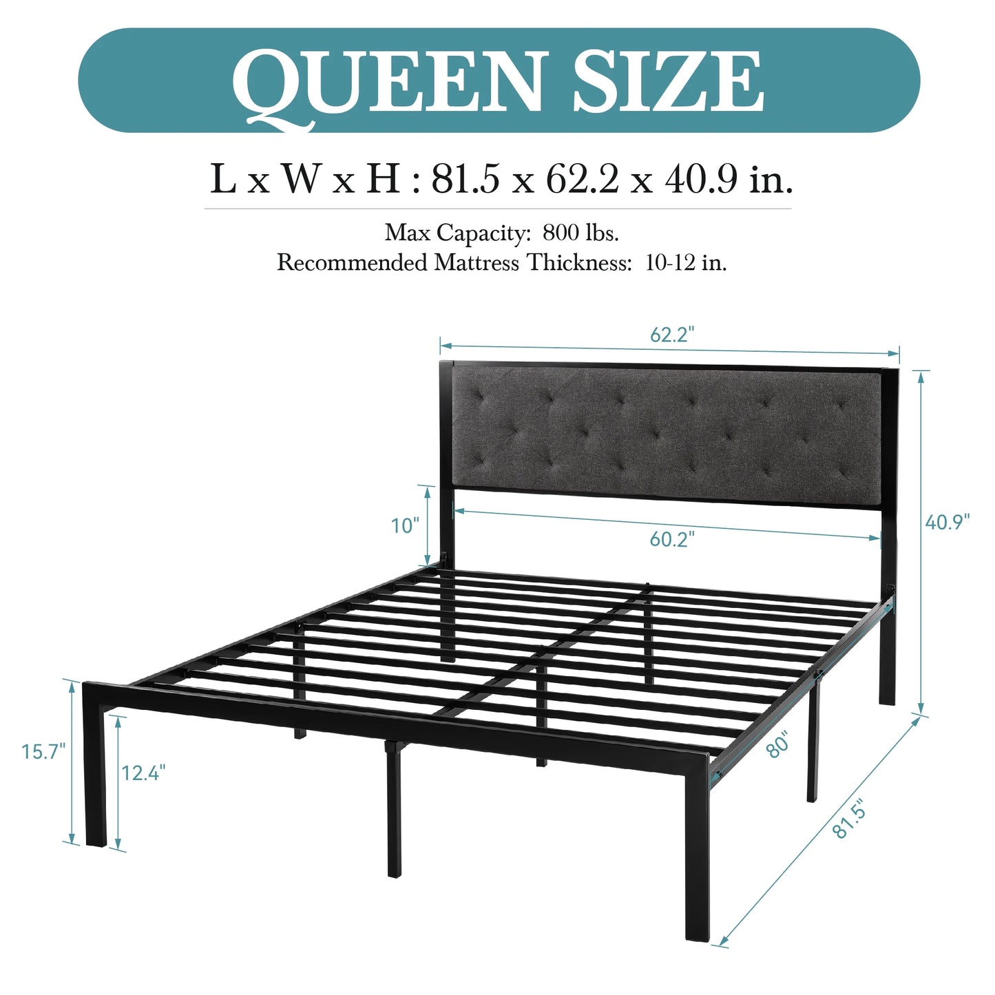 HOOMIC Metal Bed Frame With Upholstered Headboard In Linen Fabric Sturdy Foundation No Box Spring Needed