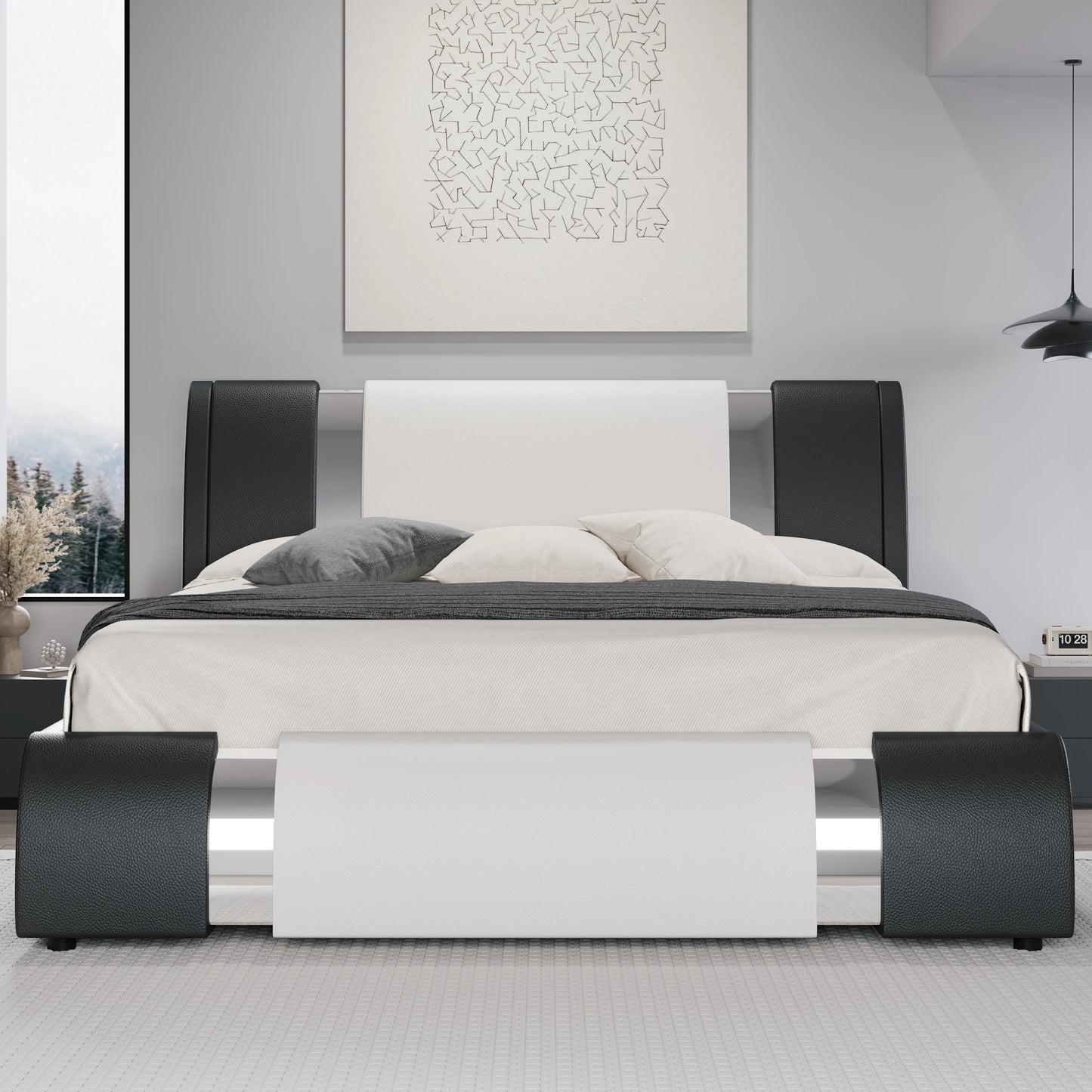 HOOMI Modern Faux Leather Bed Frame With Iron Decor