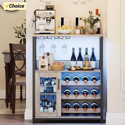 Wine Bar Cabinet With LED Lights Removable Wine Storage Industrial Sideboard And Buffet For Home