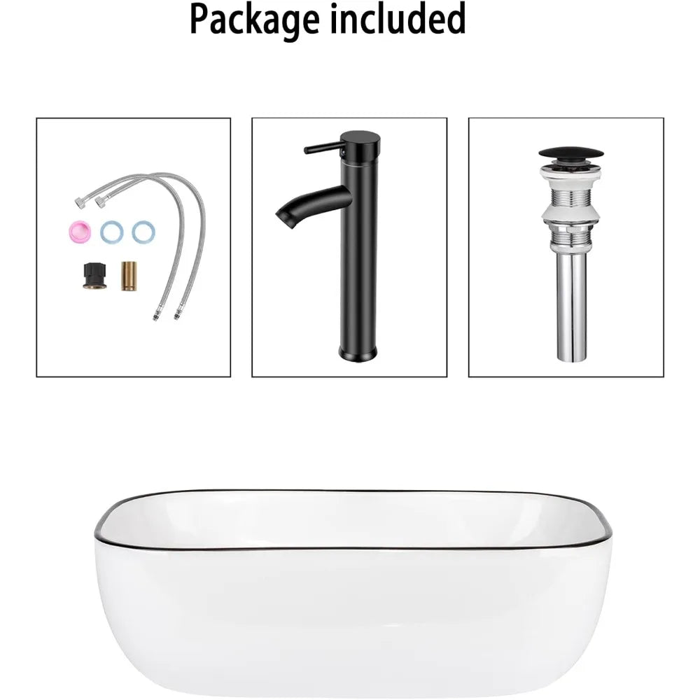 Bathroom Vessel Sink 18'' x 12.6'' Ceramic Porcelain Bathroom Sink Above Counter Basin Washing Bowl with Faucet Pop up Drain Com