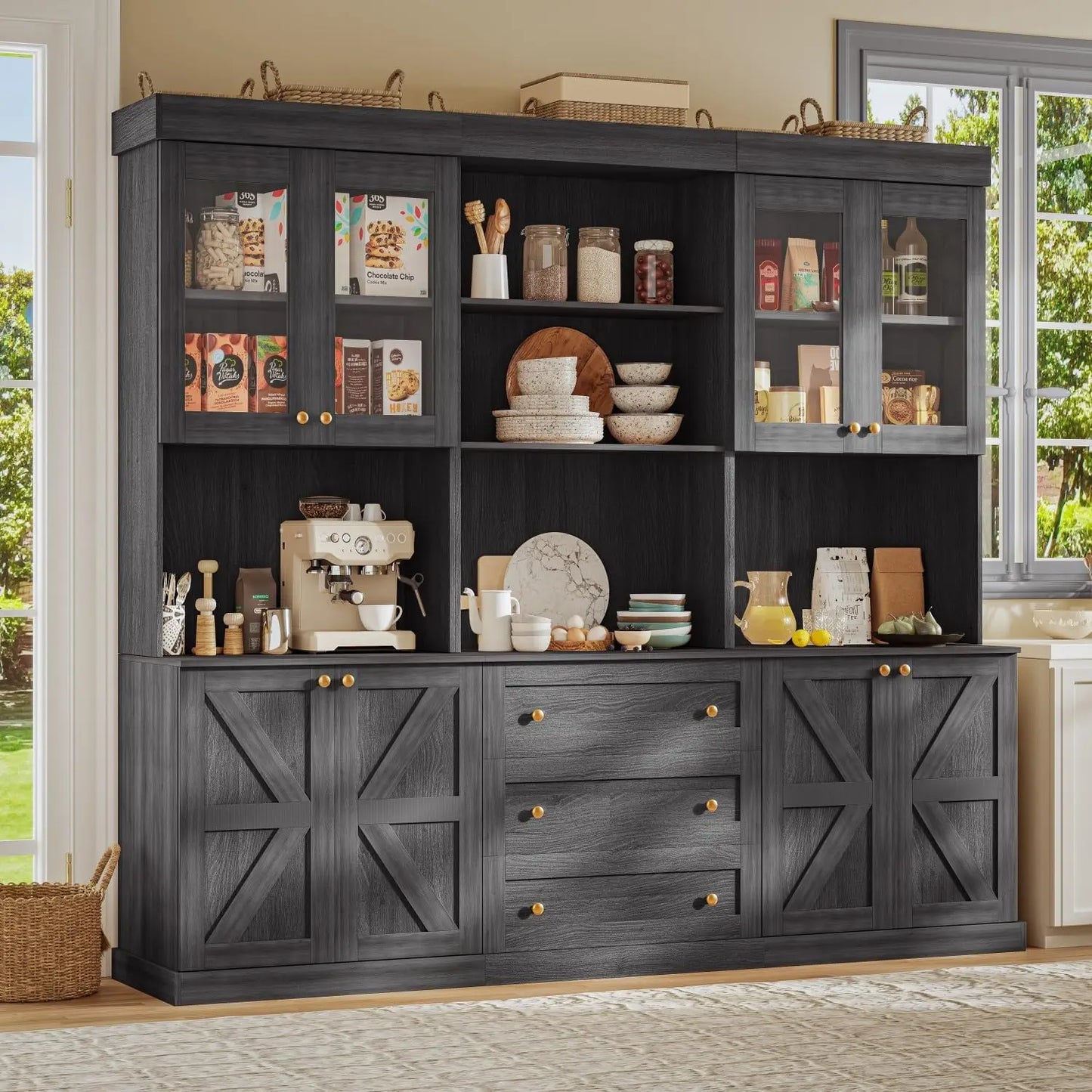 Zhuxiang Farmhouse Pantry Cabinet With Glass Doors