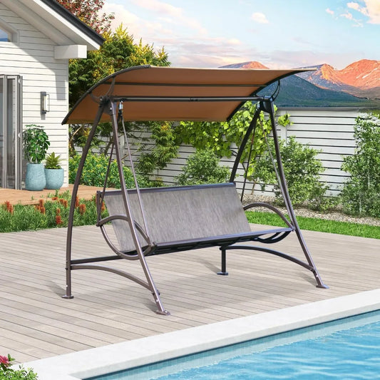 Domi Porch Patio Swing with Adjustable Canopy, 3-seat Swing with Stand, Outdoor Swings w/Armrests, Weather Resistant Steel Frame