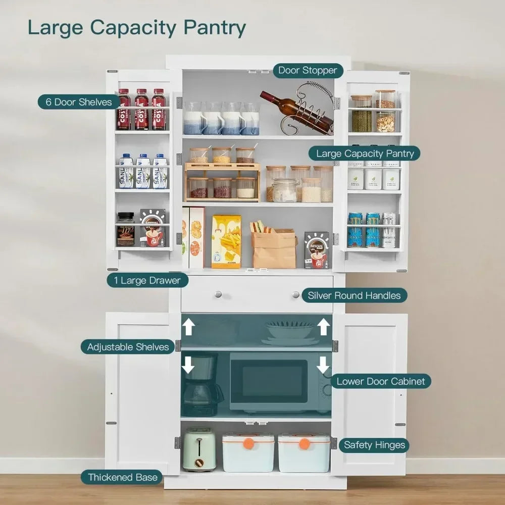 72” Kitchen Pantry Cabinet, Cupboard with 6 Hanging Shelves, Tall Storage Cabinet with 4 Doors and 1 Drawer, Kitchen Cabinet