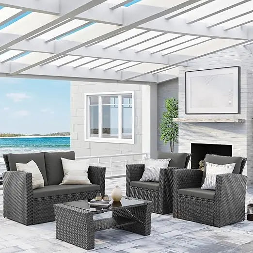 4 Piece Outdoor Patio Furniture Sets, Wicker Conversation Set for Porch Deck, Gray Rattan Sofa Chair with Cushion