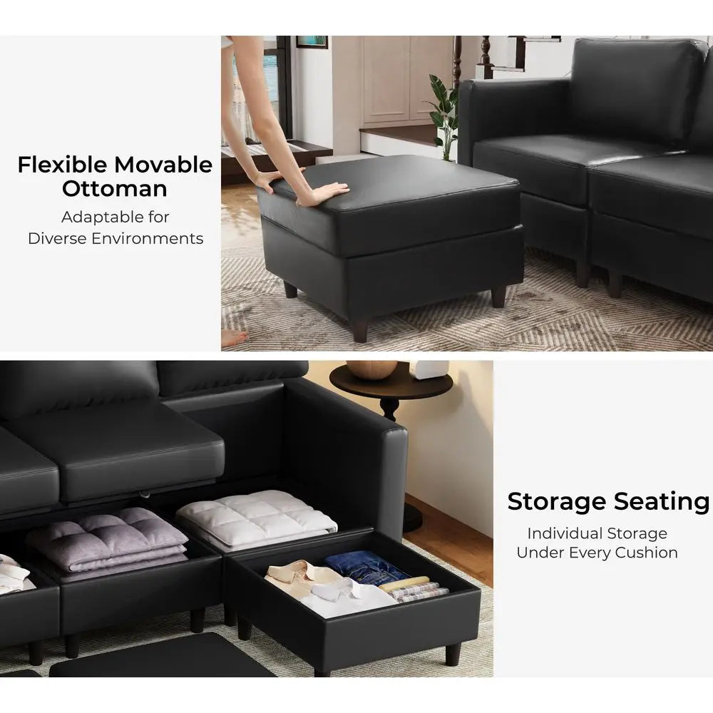 XMSJ Faux Leather Modular Sectional Sofa With Movable Storage