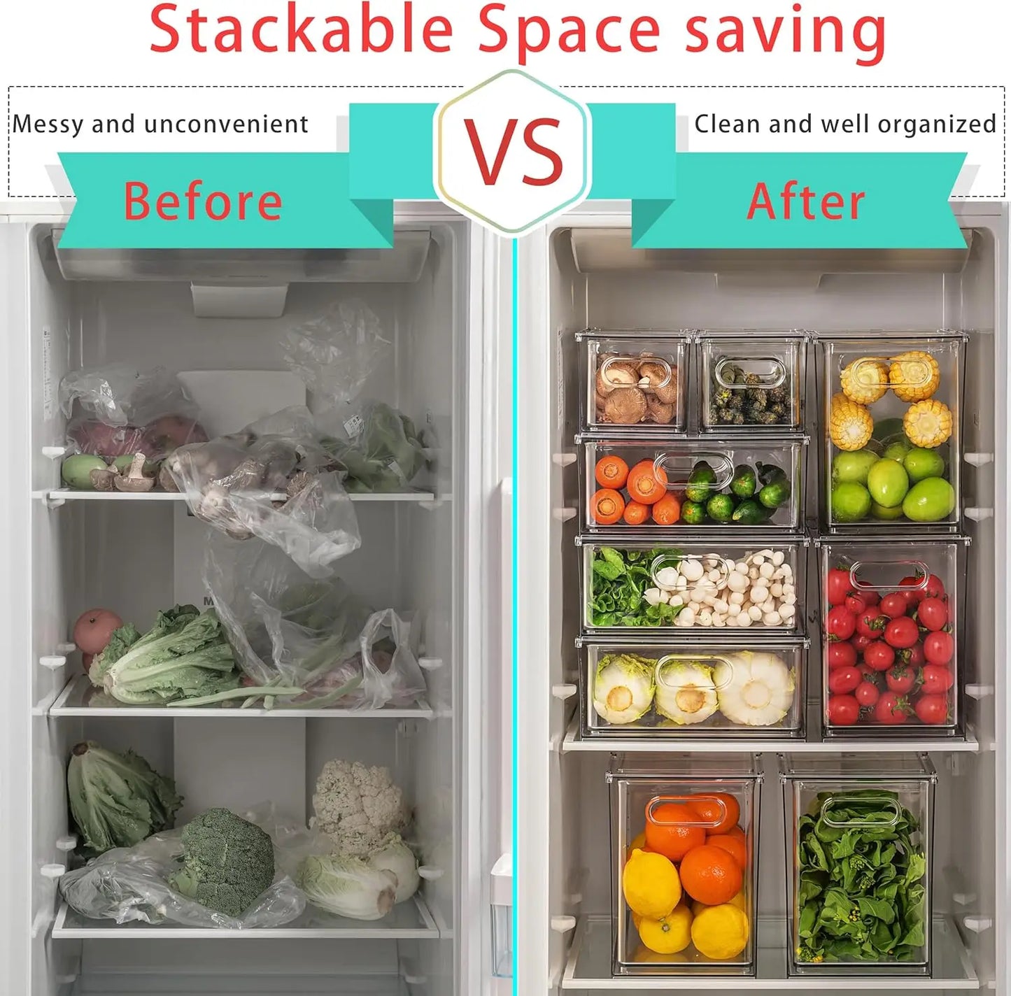 XMSJ Clear Fridge Organizer 7 Pack Drawer Bins Stackable