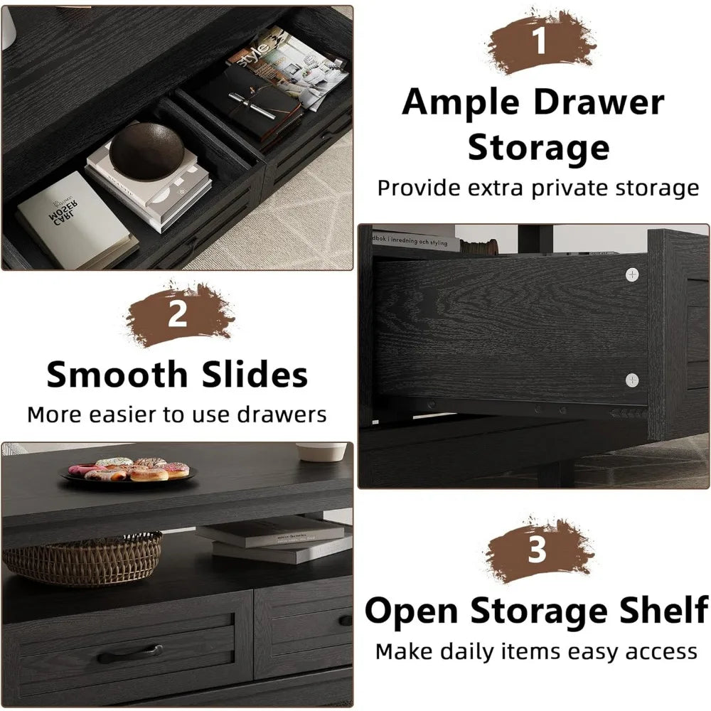 Rustic Farmhouse Coffee Table With Drawers And Open Shelf