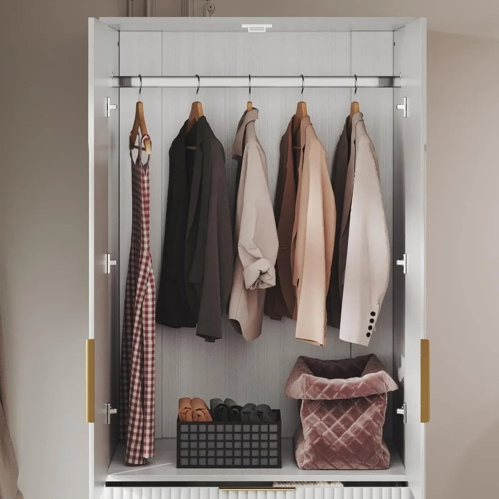 Wooden Wardrobe Armoire With Double Doors And 3 Drawers