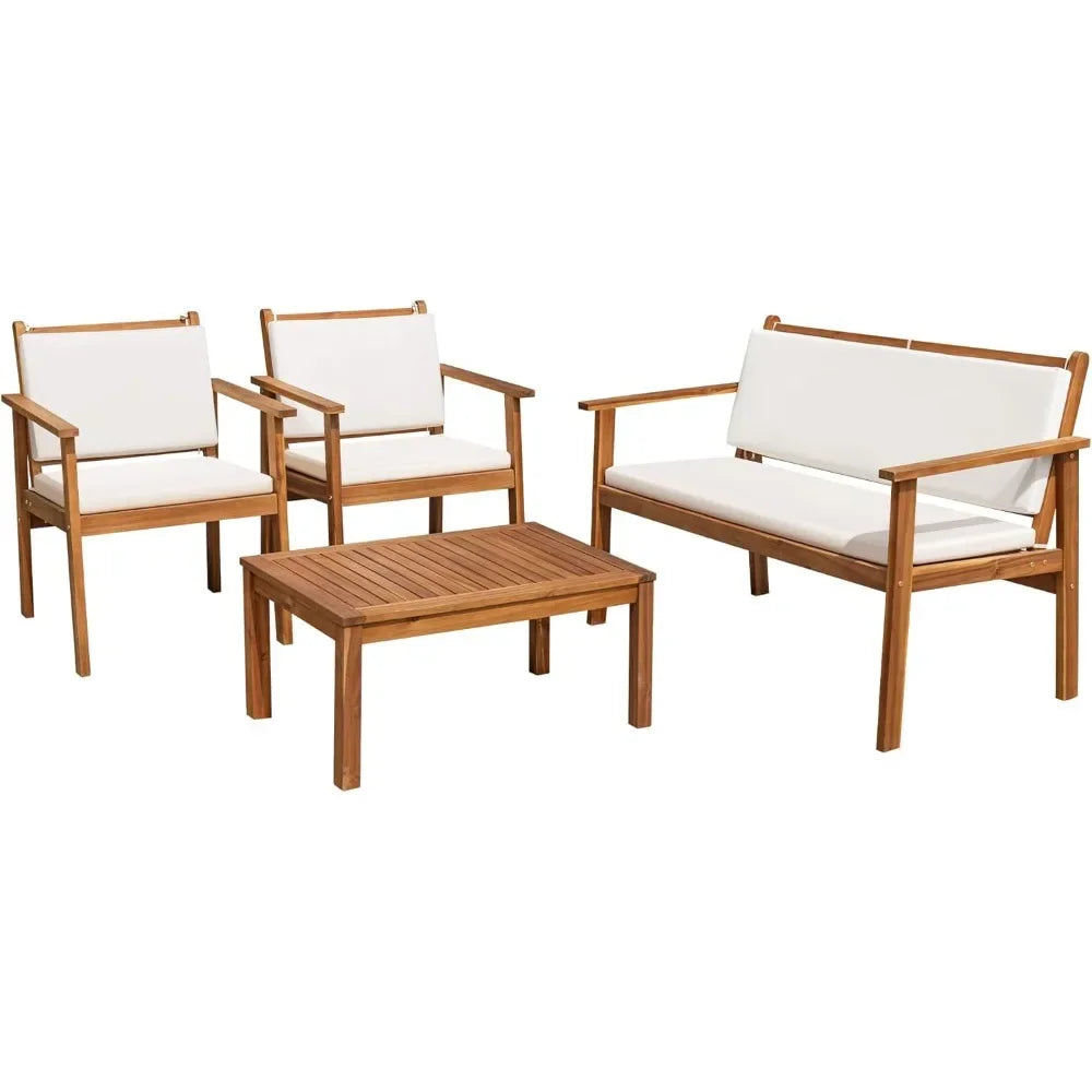 Acacia Wood Outdoor Patio Sofa Set With Table And Cushions