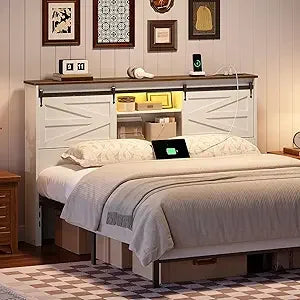 HOOBRO Queen Headboard with Storage Shelf, Farmhouse Queen Headboard Only with Charging Station & LED Lights, Bookcase Headboard