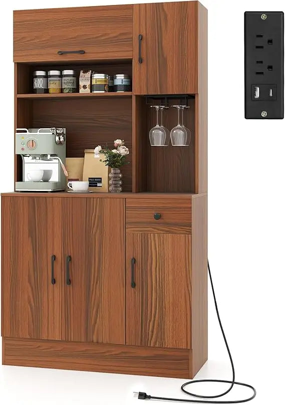 Kitchen Pantry Cabinet 66" with Charging Station, Tall Buffet Hutch Cabinet with Microwave Stand, Storage Drawers, Adjustable Sh