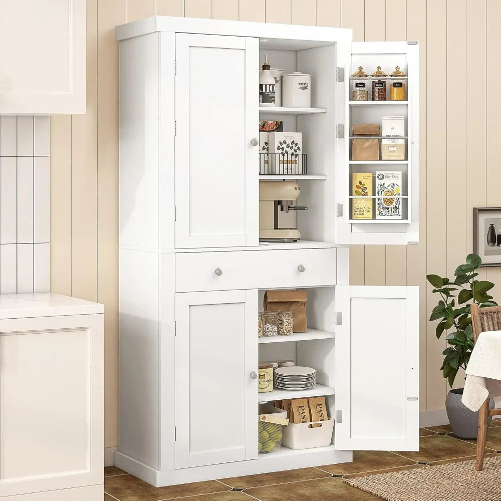 Four-Door Tall Kitchen Pantry Cabinet with Drawer and Adjustable Hanging Shelves