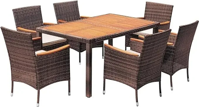Acacia Wood Top Patio Conversation Set With Rattan Table And Chairs