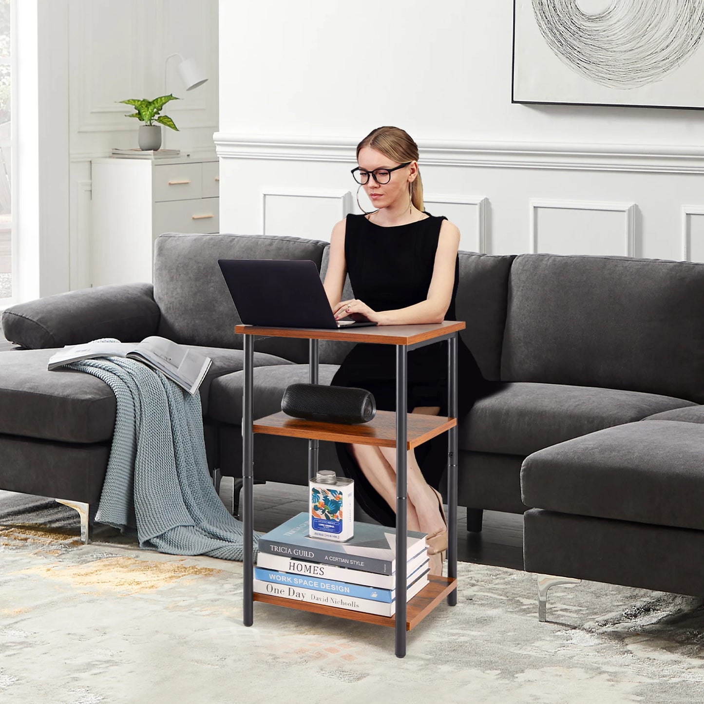 JHK 2 Tier End Table With Adjustable Feet Steel Frame