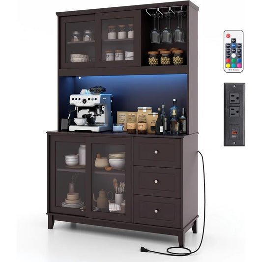 73” Kitchen Pantry Storage Cabinet, Buffet Hutch w/Power Outlets & Led Lights, Tall Cupboard w/Wine Glass Racks, Adjustable Shel