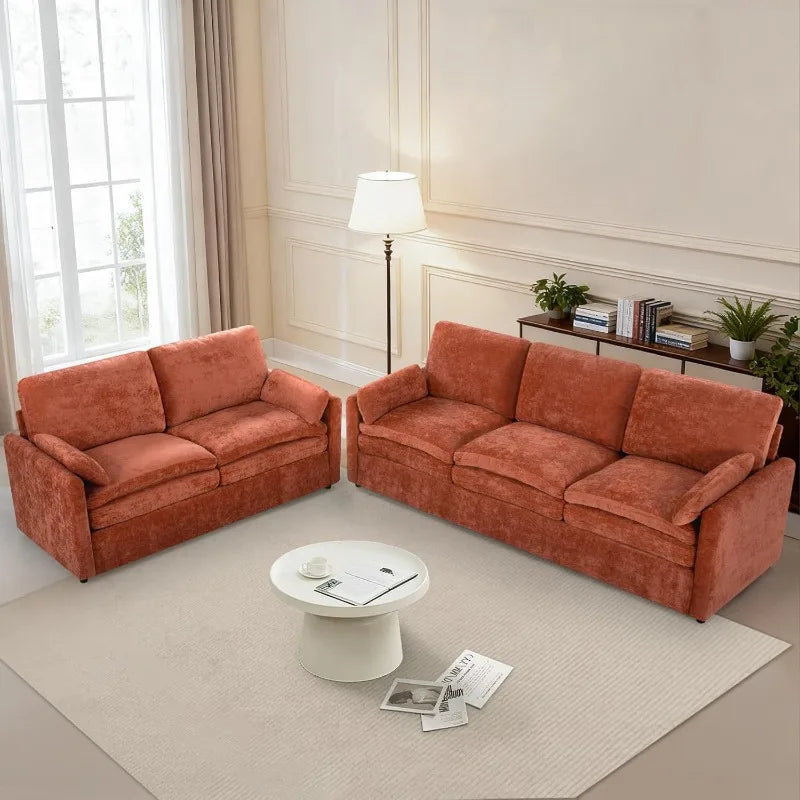 Chenille Couch Set 2 Piece With Well Filled Pillows Backrests