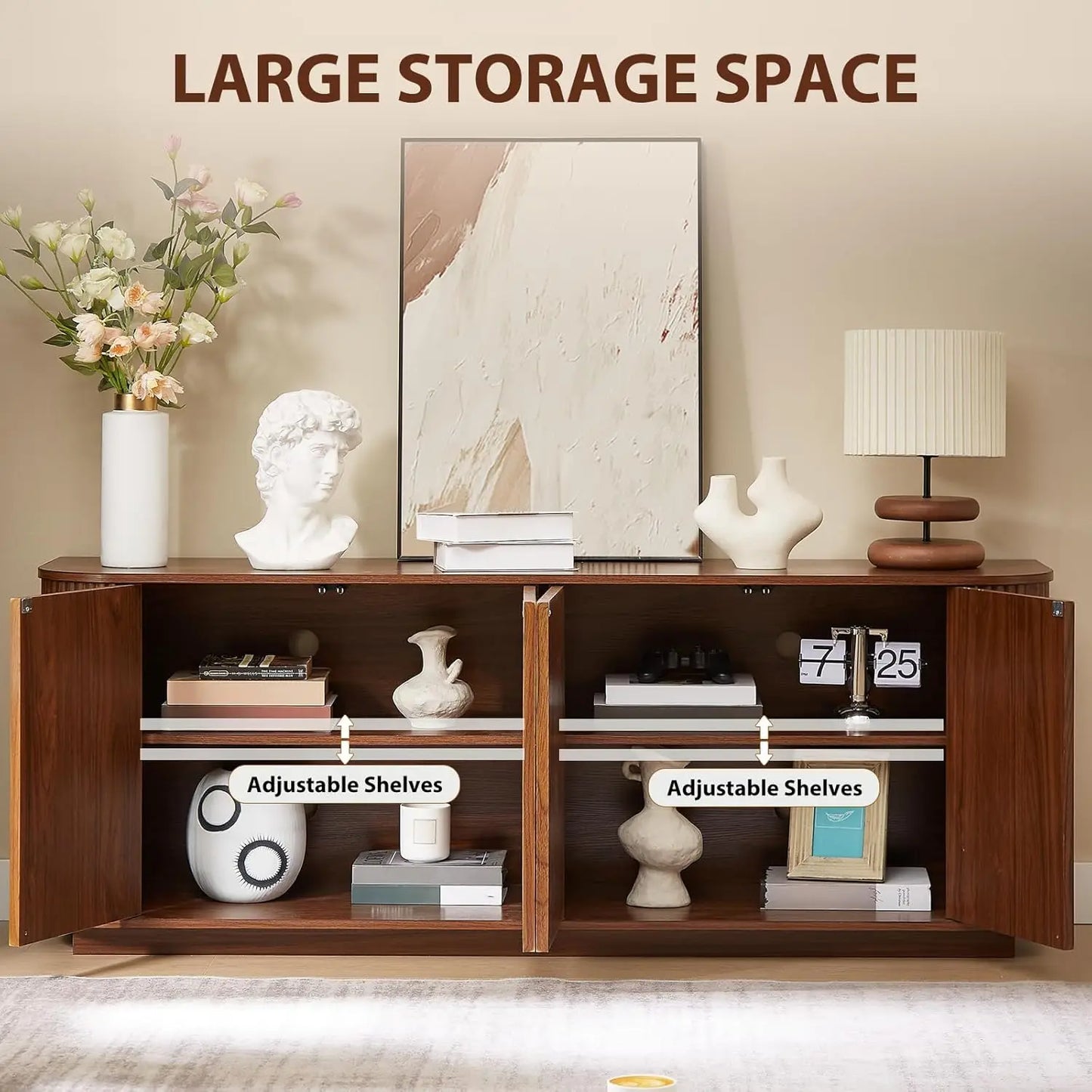GUOHE Fluted Walnut Sideboard Buffet With Storage Cabinet