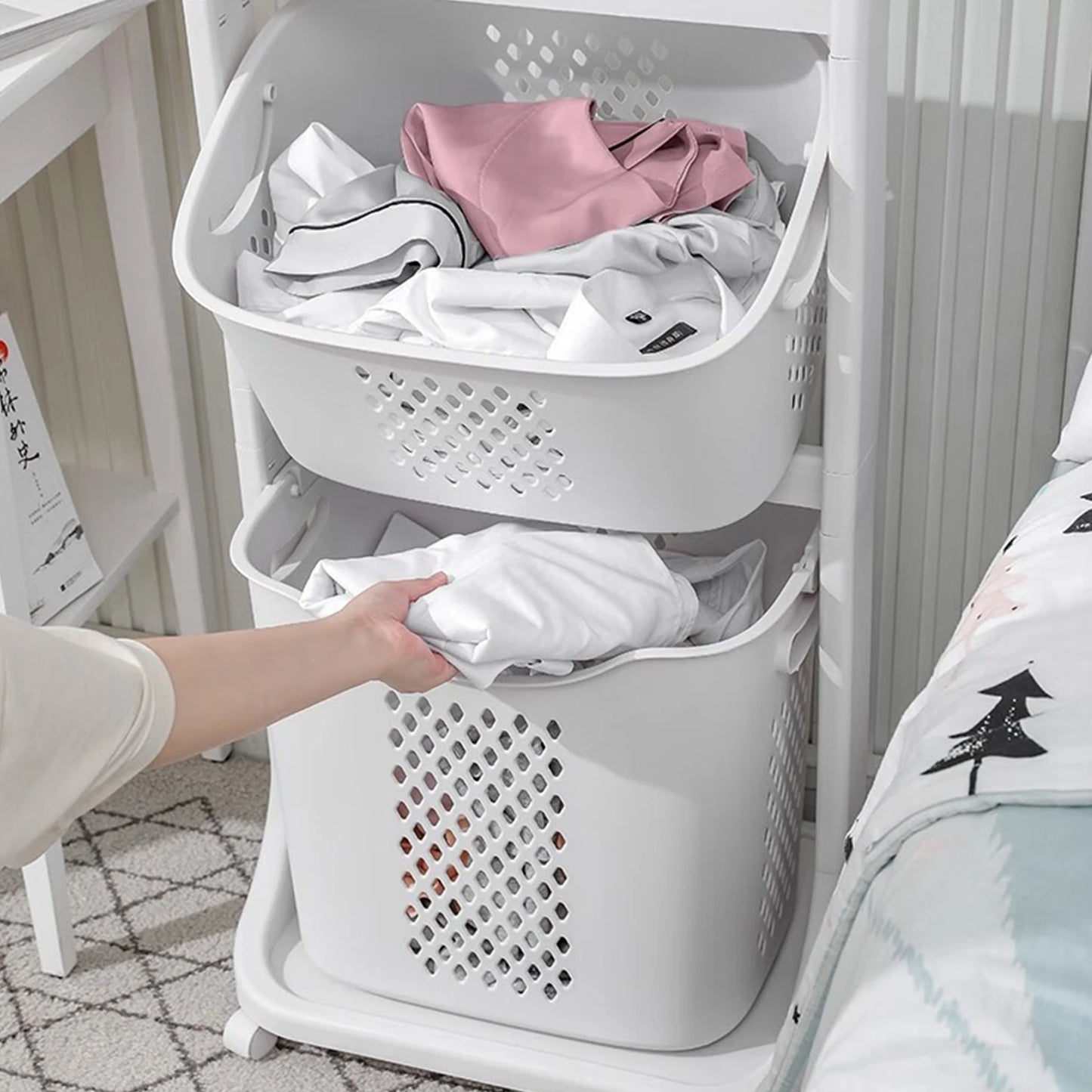 2 Or 4 Tier Laundry Cart With Removable Storage Buckets And Four Wheels White Plastic Hamper