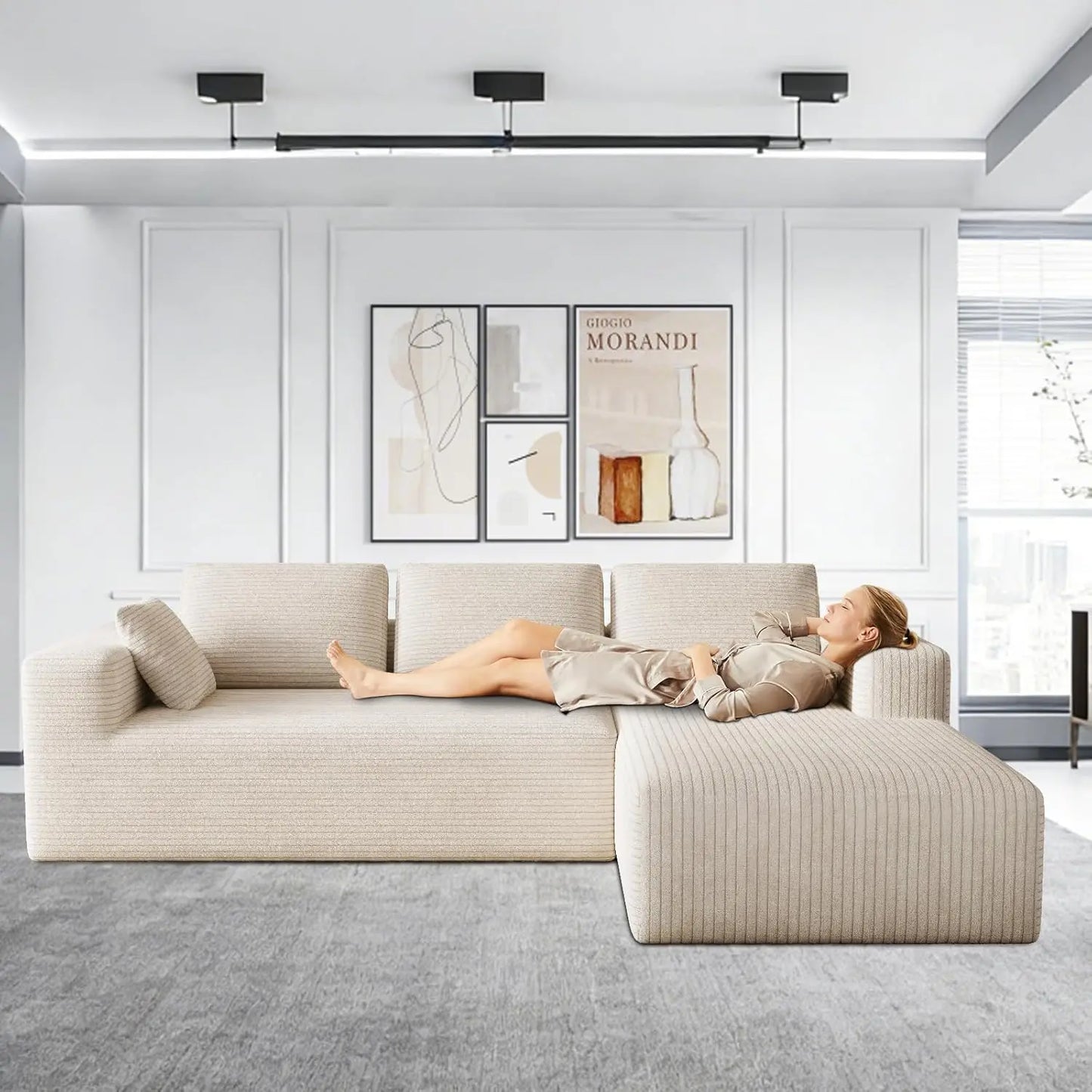 Corduroy Sectional Couch L Shaped Cloud Foam Sofa With Chaise