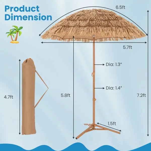 Thatched Tiki Umbrella With Foldable Tilt Stand Outdoor Patio
