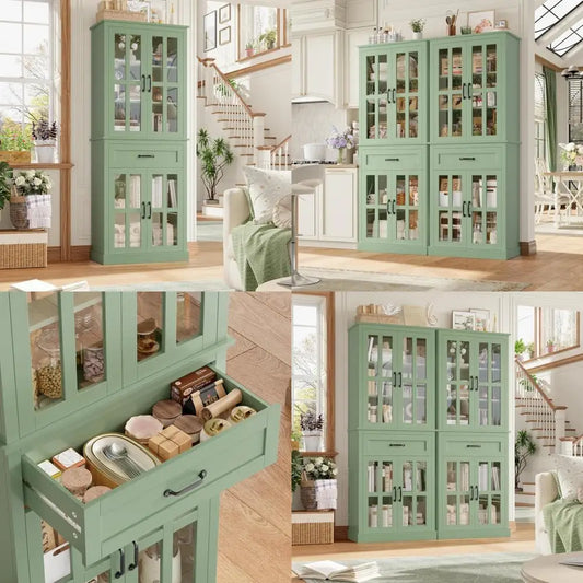71 Inch Tall Kitchen Cabinet with Glass Doors and Drawers, Freestanding Food Pantry with Adjustable Shelves for Dining and Livin