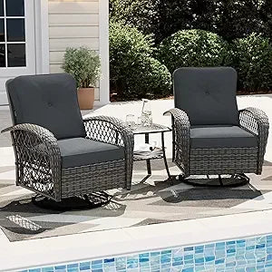 FEICHENG Outdoor Swivel Rocking Chair Set Of 3 Wicker Patio