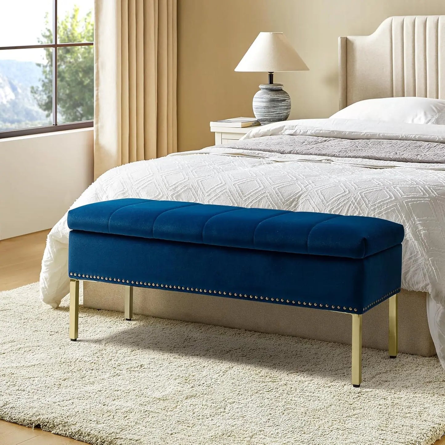 Velvet Flip Top Storage Ottoman Bench With Nailhead Trim