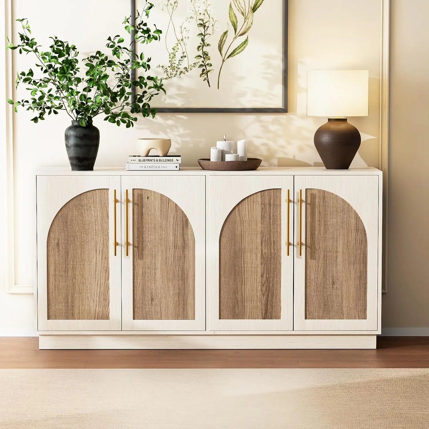 62" Antique Buffet Cabinet with Hutch, Vintage Sideboard Console for Dining Room & Kitchen, 2 Adjustable Shelves, Arched Doors