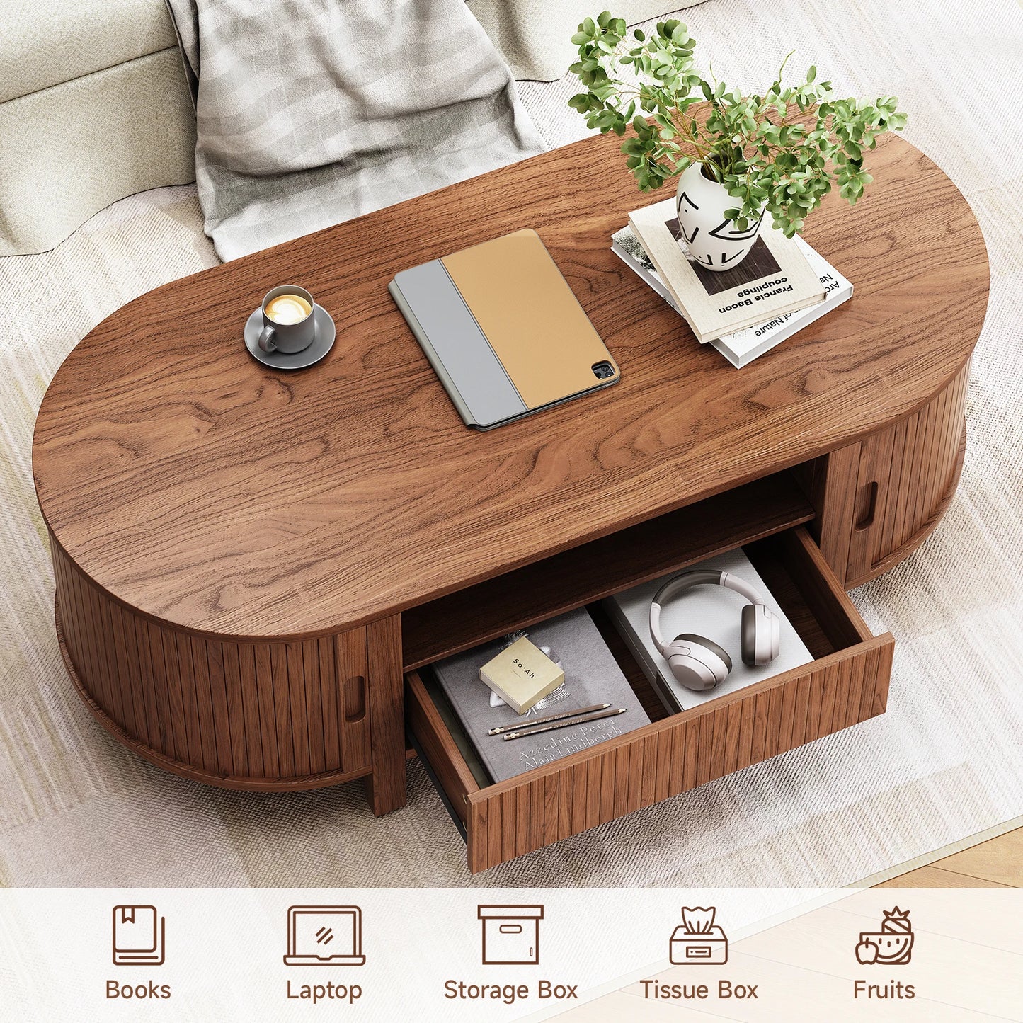 Oval Coffee Table With Cabinets And Sliding Doors Mid Century