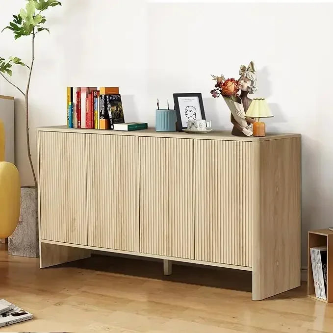 Sideboard Buffets Cabinet, Modern Accent Storage Cabinet with 4 Fluted Doors and Adjustable Shelves