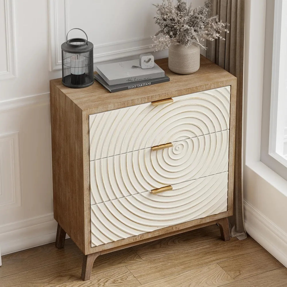 Chengwei Farmhouse 3 Drawer Nightstand With Wood Ring Motif