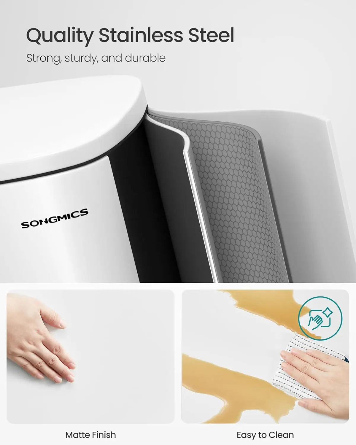 13 Gallon (50 L) Trash Can, Stainless Steel Kitchen Garbage Can, Recycling or Waste Bin, Soft Close, Step-On Pedal, White