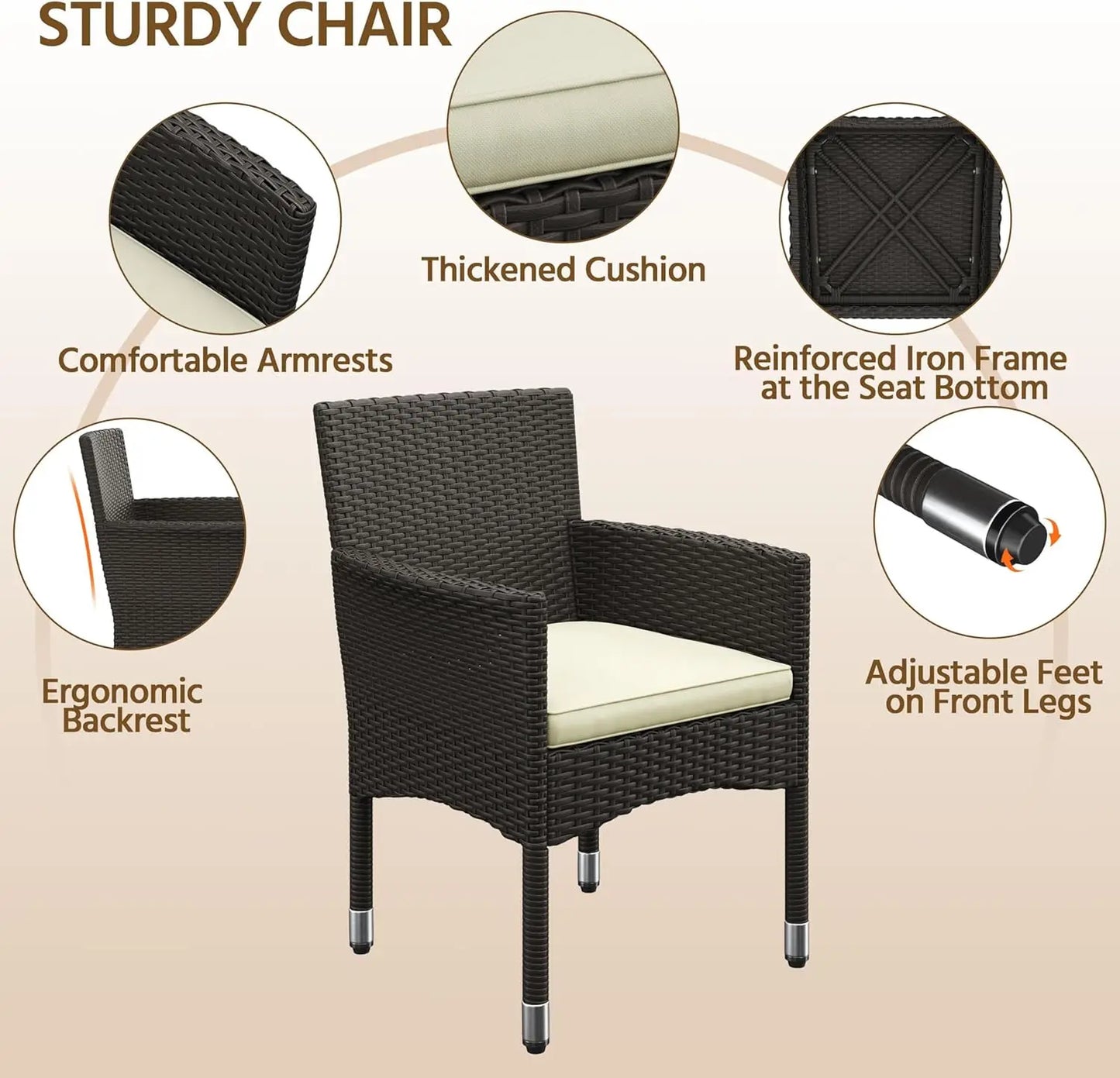 5-Piece Patio Furniture Set, Outdoor Rattan 4 Dining Chairs & Tempered Glass Table with Umbrella Hole, for Garden Backyard Deck