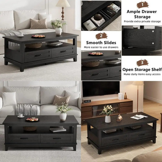 Rustic Farmhouse Coffee Table With Drawers And Open Shelf