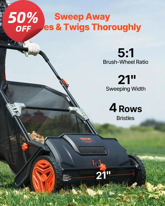 Push Lawn Sweeper With Heavy Duty Steel And Rubber Wheels