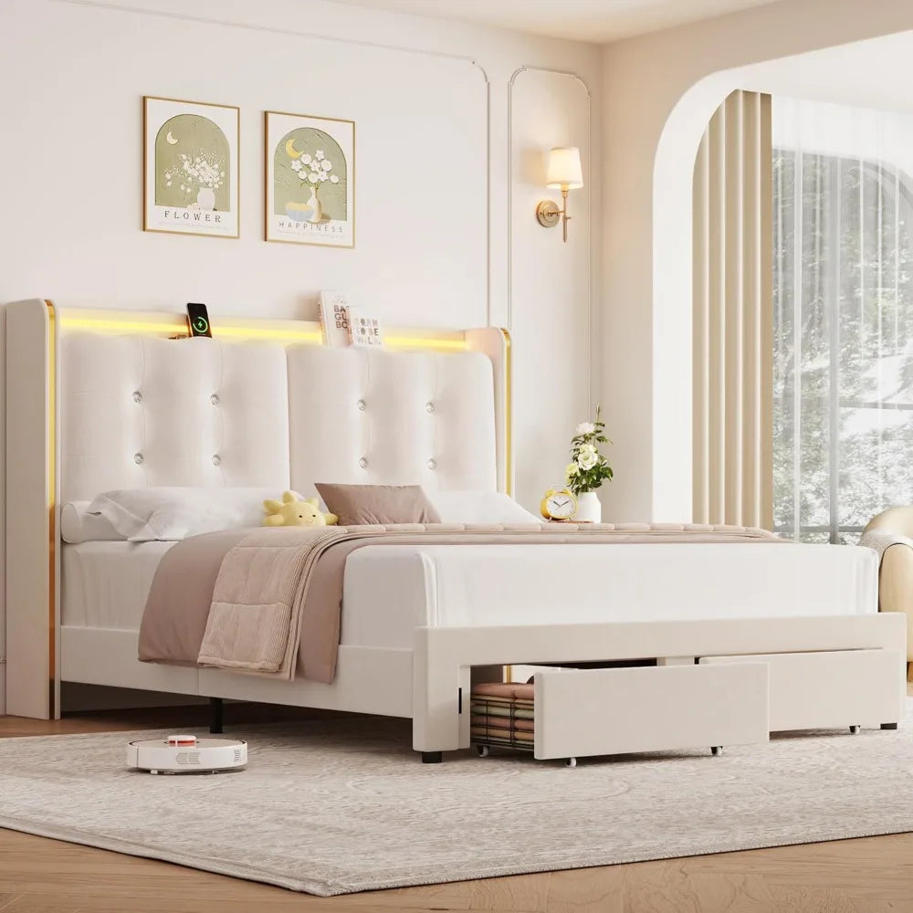 LED Bed Frame With Charging Station And Storage Drawers
